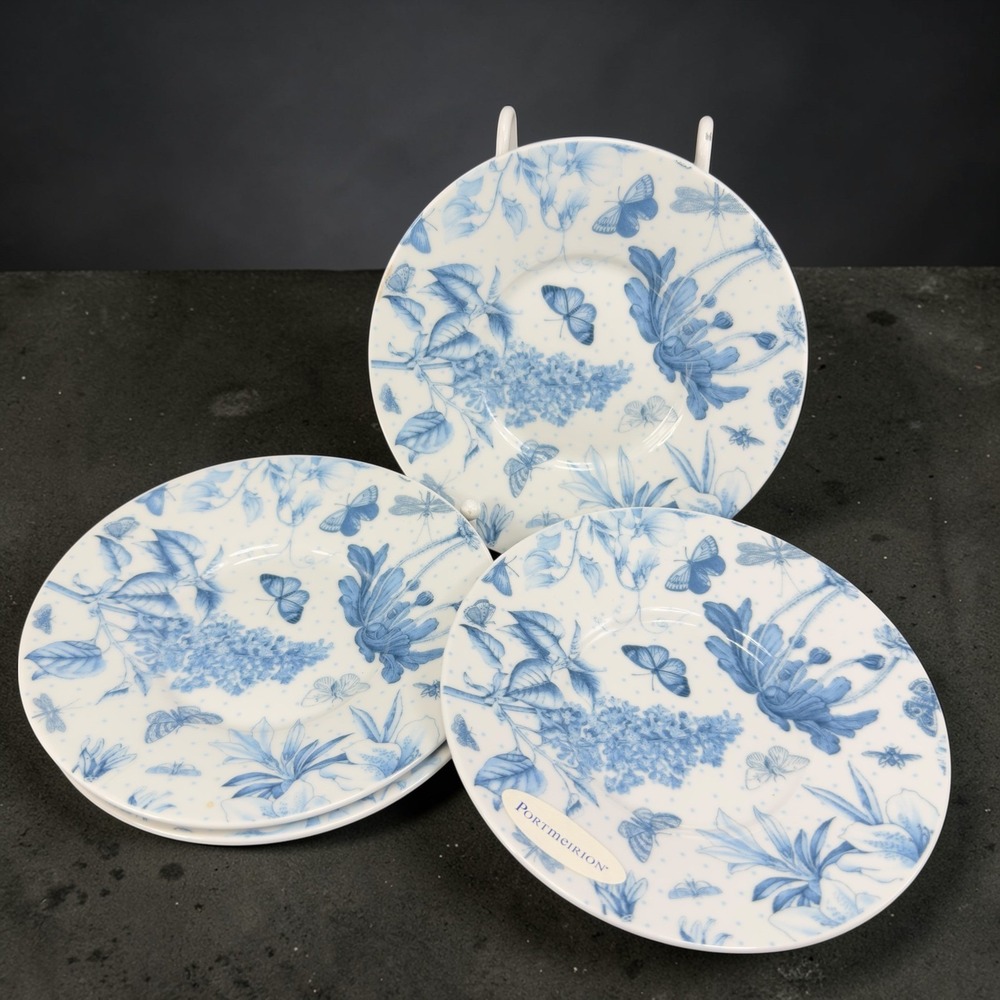 Portmeirion Botanic Blue Saucers Plates Set 4 Blue White Floral Butterfly 6 inch